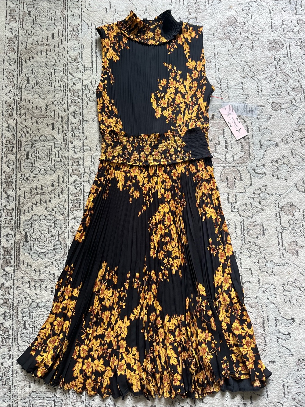 NWT Nanette Lepore Sleeveless Pleated Midi Dress - Black & Gold Floral Size 4